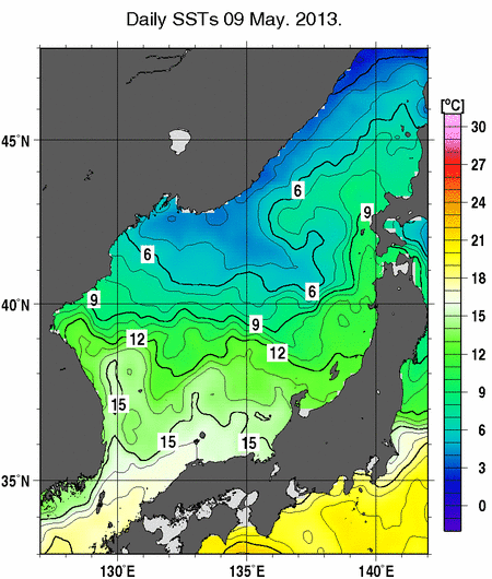 日本海の海面水温分布図（5月9日）