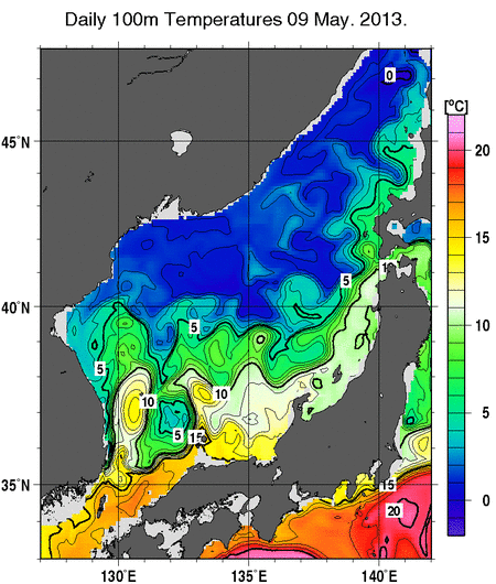 日本海の深さ100mの水温分布図（5月9日）