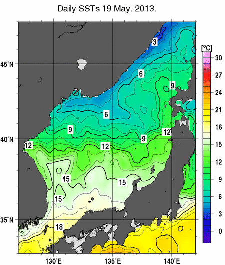 日本海の海面水温分布図（5月19日）