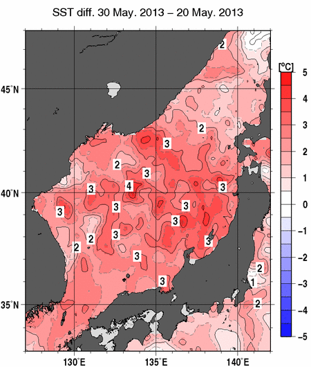 日本海の10日間の海面水温変化量分布図（5月30日）