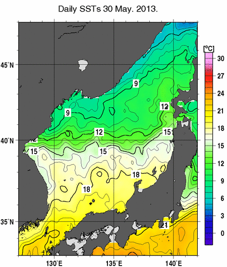 日本海の海面水温分布図（5月30日）