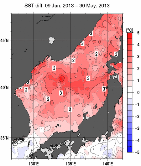 日本海の10日間の海面水温変化量分布図（6月9日）