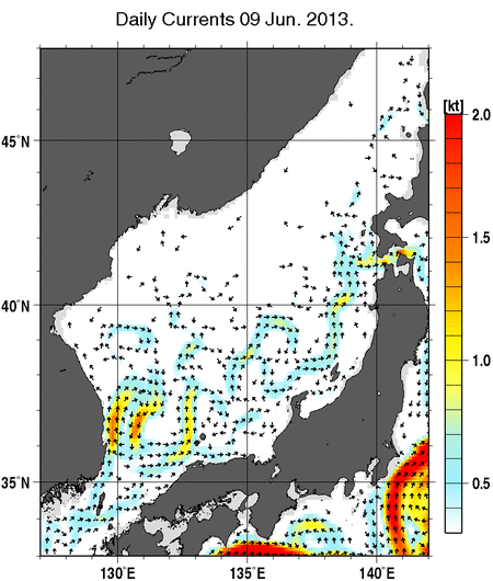 日本海の深さ50mの海流分布図（6月9日）