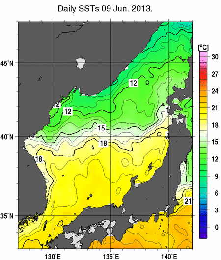 日本海の海面水温分布図（6月9日）