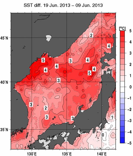 日本海の10日間の海面水温変化量分布図（6月19日）