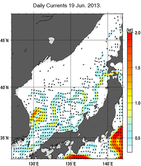 日本海の深さ50mの海流分布図（6月19日）