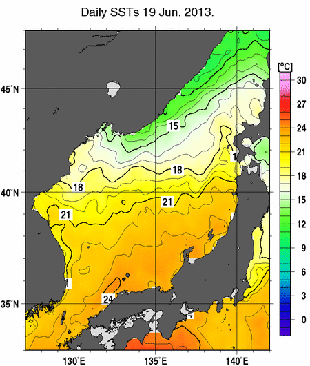 日本海の海面水温分布図（6月19日）