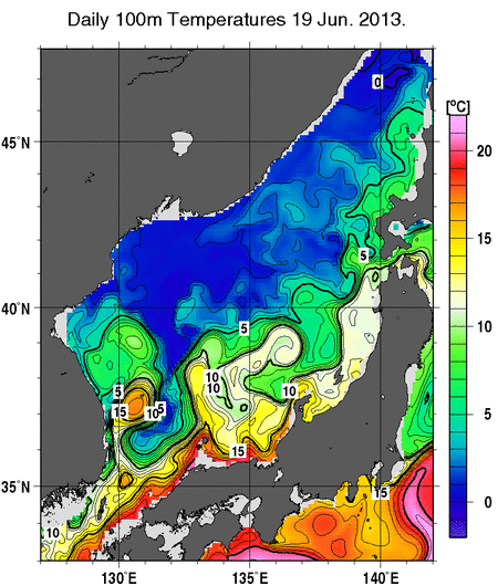 日本海の深さ100mの水温分布図（6月19日）