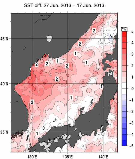 日本海の10日間の海面水温変化量分布図（6月27日）