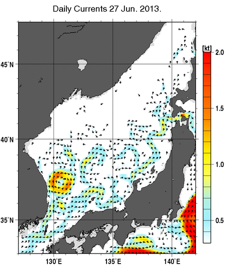 日本海の深さ50mの海流分布図（6月27日）