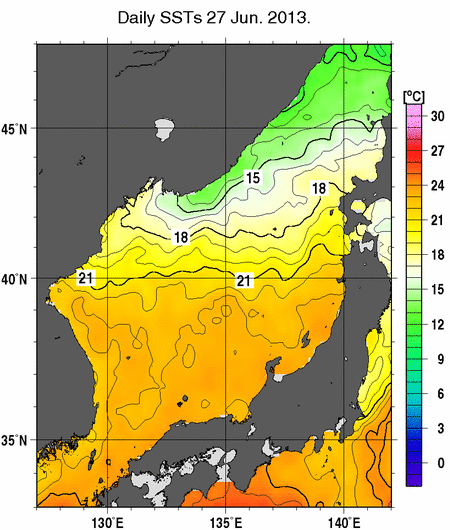 日本海の海面水温分布図（6月27日）