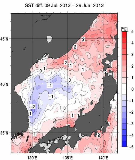 日本海の10日間の海面水温変化量分布図（7月9日）