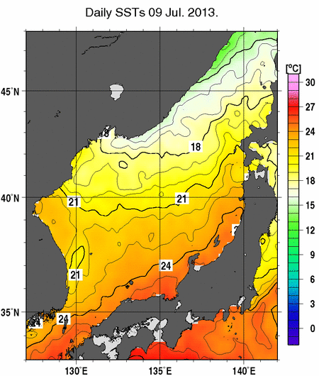 日本海の海面水温分布図（7月9日）