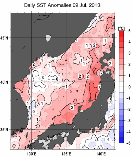 日本海の海面水温偏差分布図（7月9日）