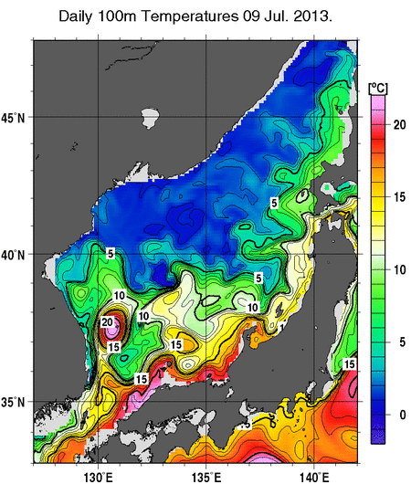 日本海の深さ100mの水温分布図（7月9日）