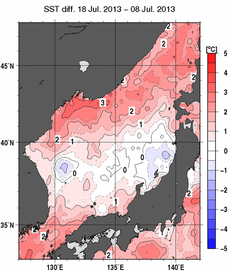 日本海の10日間の海面水温変化量分布図（7月18日）