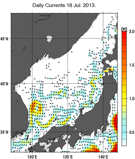 日本海の深さ50mの海流分布図（7月18日）