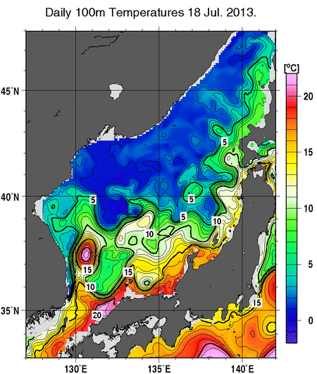 日本海の深さ100mの水温分布図（7月18日）