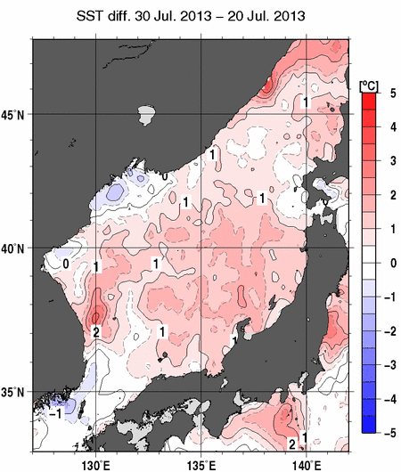 日本海の10日間の海面水温変化量分布図（7月30日）