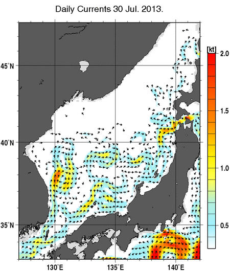 日本海の深さ50mの海流分布図（7月30日）