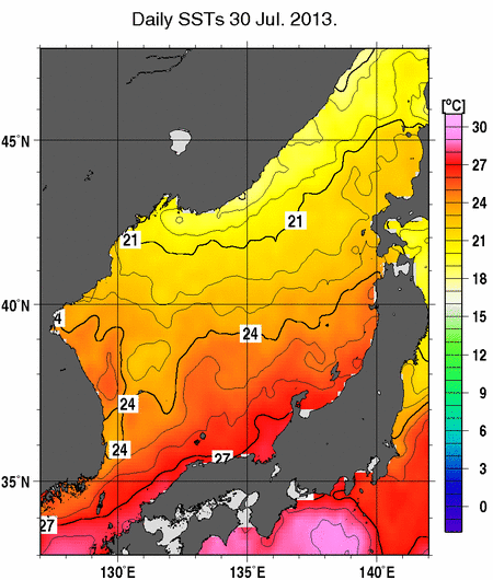 日本海の海面水温分布図（7月30日）