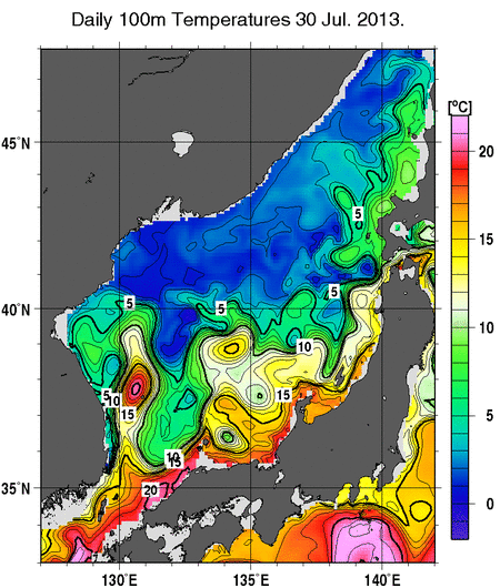 日本海の深さ100mの水温分布図（7月30日）