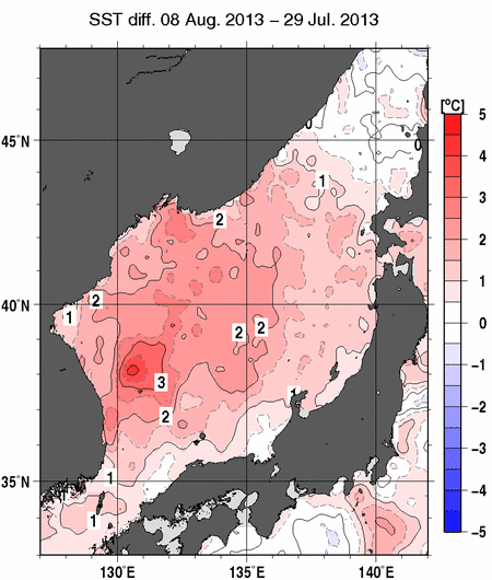 日本海の10日間の海面水温変化量分布図（8月8日）