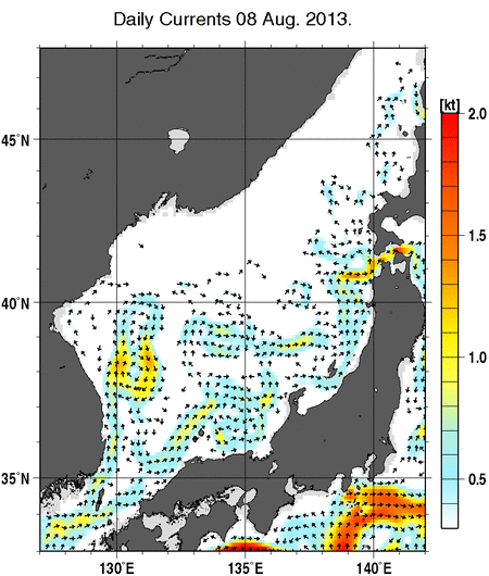 日本海の深さ50mの海流分布図（8月8日）