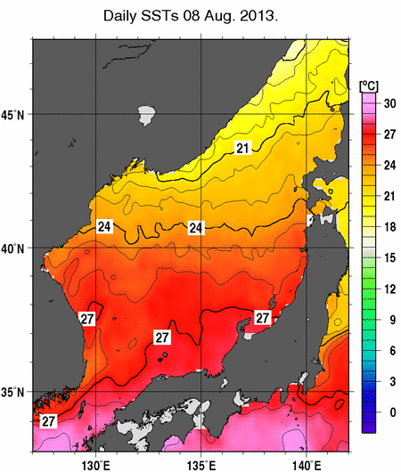 日本海の海面水温分布図（8月8日）