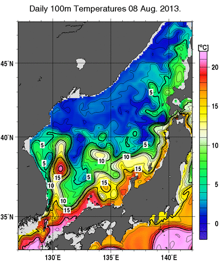 日本海の深さ100mの水温分布図（8月8日）