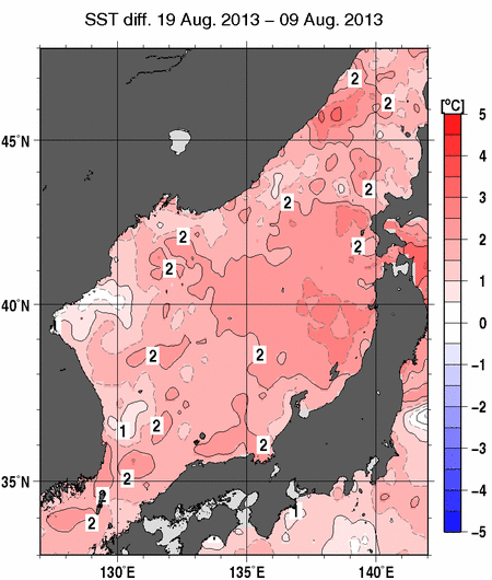 日本海の10日間の海面水温変化量分布図（8月19日）