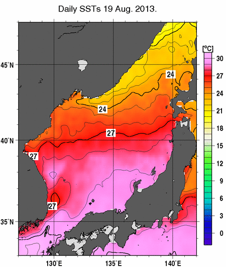 日本海の海面水温分布図（8月19日）