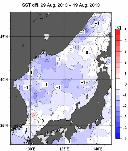 日本海の10日間の海面水温変化量分布図（8月29日）