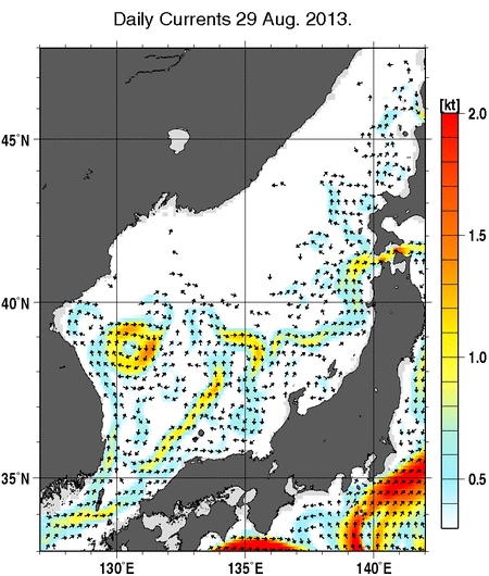 日本海の深さ50mの海流分布図（8月29日）