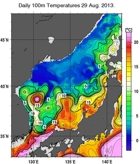 日本海の深さ100mの水温分布図（8月29日）