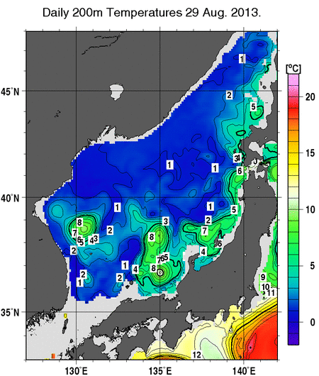 日本海の深さ200mの水温分布図（8月29日）