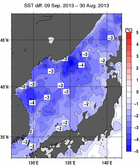 日本海の10日間の海面水温変化量分布図（9月9日）