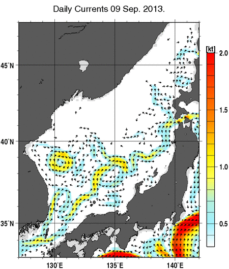 日本海の深さ50mの海流分布図（9月9日）