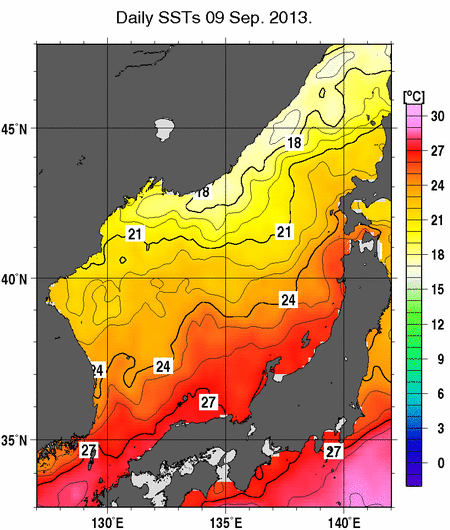 日本海の海面水温分布図（9月9日）