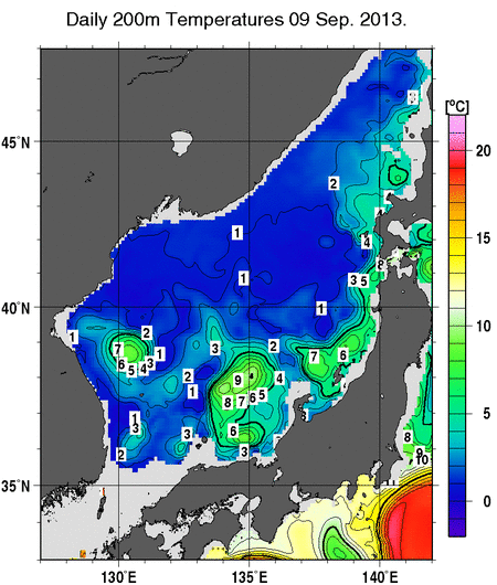 日本海の深さ200mの水温分布図（9月9日）