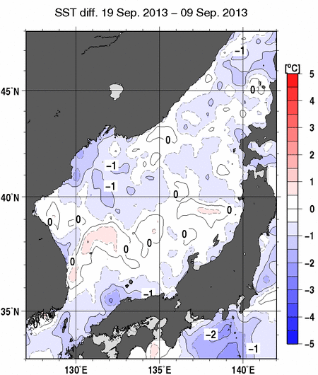 日本海の10日間の海面水温変化量分布図（9月19日）