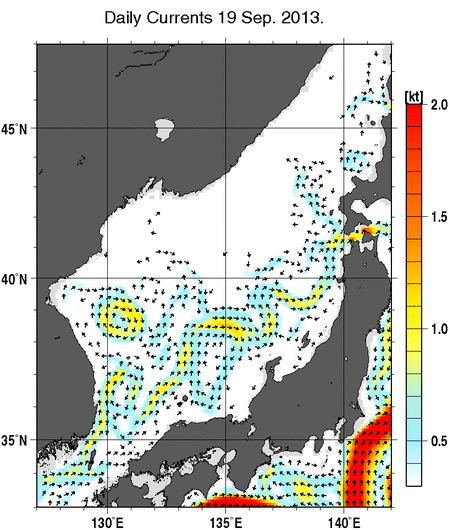 日本海の深さ50mの海流分布図（9月19日）