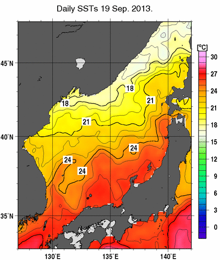 日本海の海面水温分布図（9月19日）