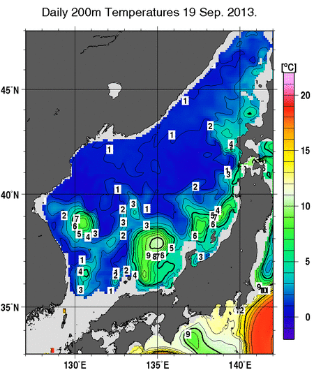 日本海の深さ200mの水温分布図（9月19日）