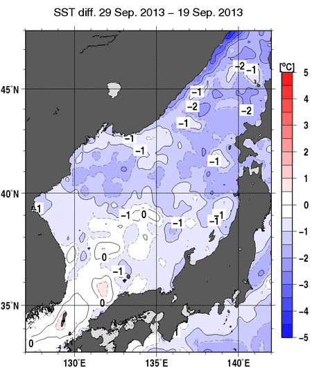 日本海の10日間の海面水温変化量分布図（9月29日）