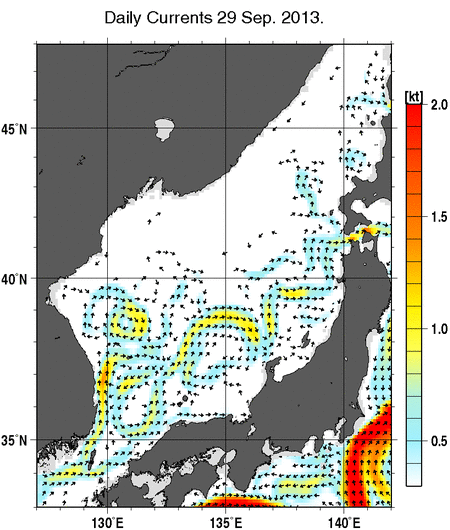 日本海の深さ50mの海流分布図（9月29日）