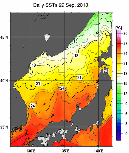 日本海の海面水温分布図（9月29日）