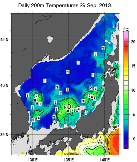 日本海の深さ200mの水温分布図（9月29日）