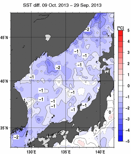 日本海の10日間の海面水温変化量分布図（10月9日）