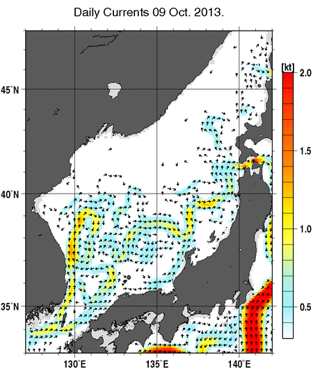 日本海の深さ50mの海流分布図（10月9日）